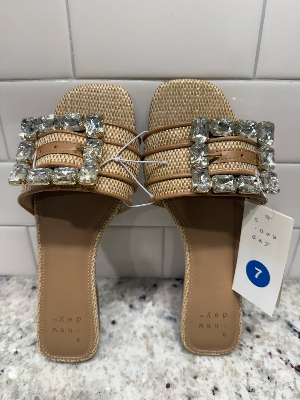 a new day Kelsey Tan Straw Look Slide Sandals with Crystal Buckles Size 7 - NIB - Picture 3 of 13